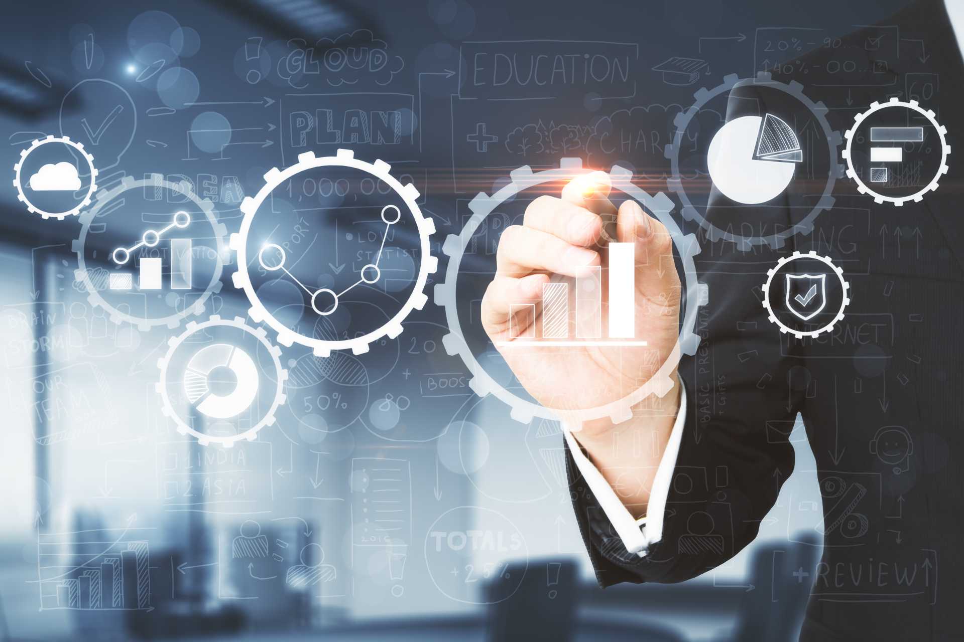 legacy system replacement, A businessman pointing at an abstract interface of an ERP.